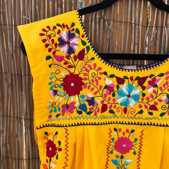 Vintage Mexican Embroidered Yellow Dress Floral Summer Beach Coverup M/L - Picture 6 of 10